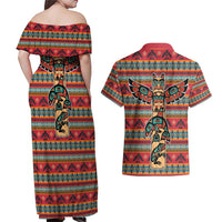 Thunderbird Totem Couples Matching Off Shoulder Maxi Dress and Hawaiian Shirt Native American Geometric Tribal - Pacific Northwest Indigenous Art - Wonder Print Shop