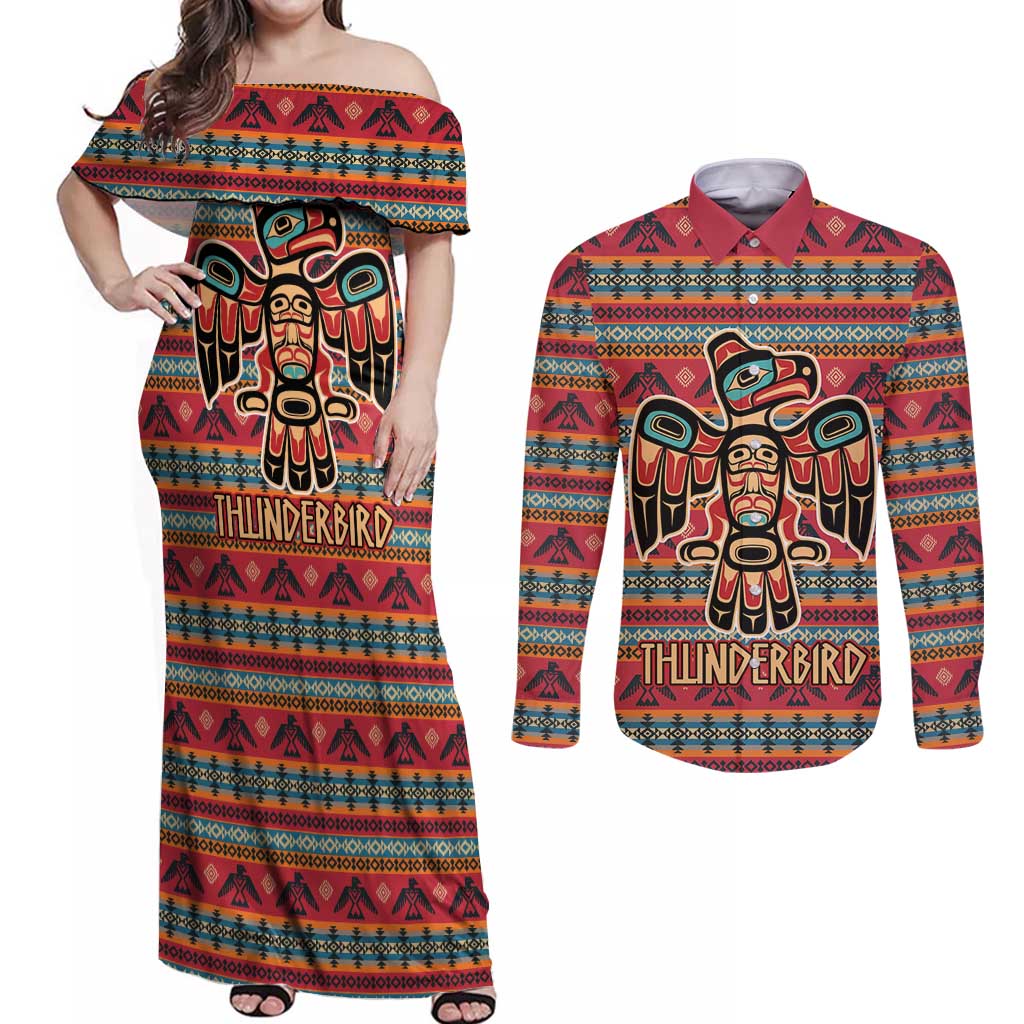 Thunderbird Totem Couples Matching Off Shoulder Maxi Dress and Long Sleeve Button Shirt Native American Geometric Tribal - Pacific Northwest Indigenous Art - Wonder Print Shop