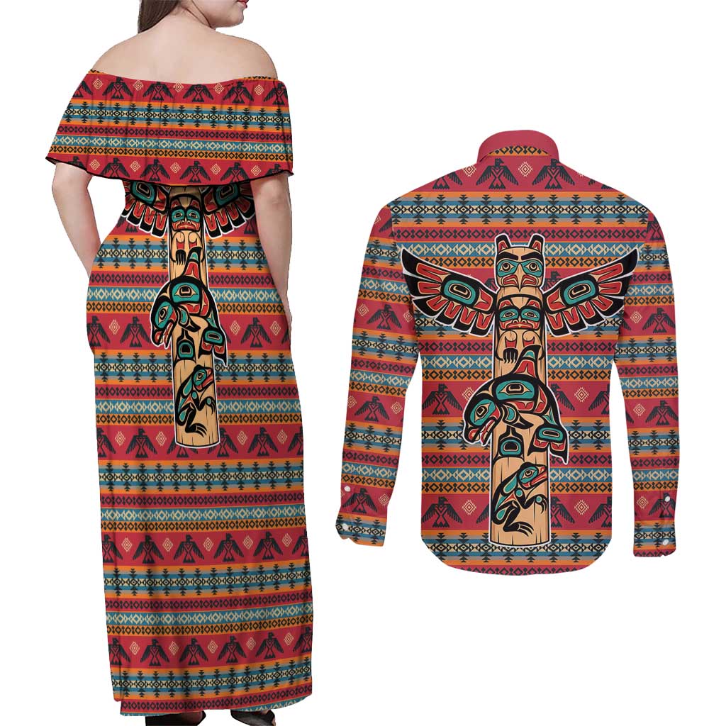Thunderbird Totem Couples Matching Off Shoulder Maxi Dress and Long Sleeve Button Shirt Native American Geometric Tribal - Pacific Northwest Indigenous Art - Wonder Print Shop