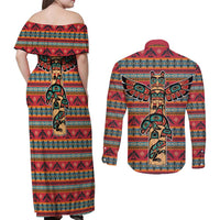 Thunderbird Totem Couples Matching Off Shoulder Maxi Dress and Long Sleeve Button Shirt Native American Geometric Tribal - Pacific Northwest Indigenous Art - Wonder Print Shop