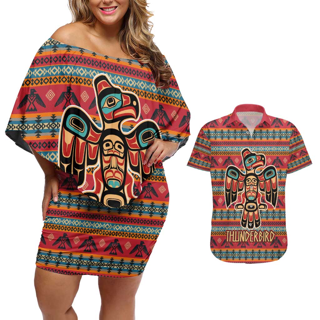 Thunderbird Totem Couples Matching Off Shoulder Short Dress and Hawaiian Shirt Native American Geometric Tribal - Pacific Northwest Indigenous Art - Wonder Print Shop