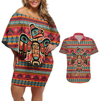 Thunderbird Totem Couples Matching Off Shoulder Short Dress and Hawaiian Shirt Native American Geometric Tribal - Pacific Northwest Indigenous Art - Wonder Print Shop