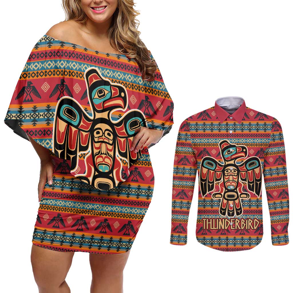 Thunderbird Totem Couples Matching Off Shoulder Short Dress and Long Sleeve Button Shirt Native American Geometric Tribal - Pacific Northwest Indigenous Art - Wonder Print Shop