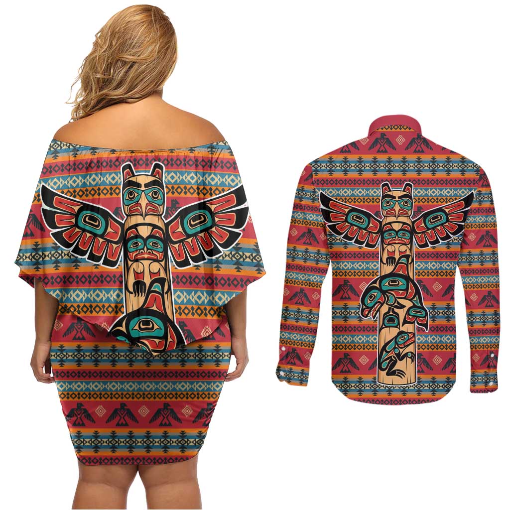Thunderbird Totem Couples Matching Off Shoulder Short Dress and Long Sleeve Button Shirt Native American Geometric Tribal - Pacific Northwest Indigenous Art - Wonder Print Shop