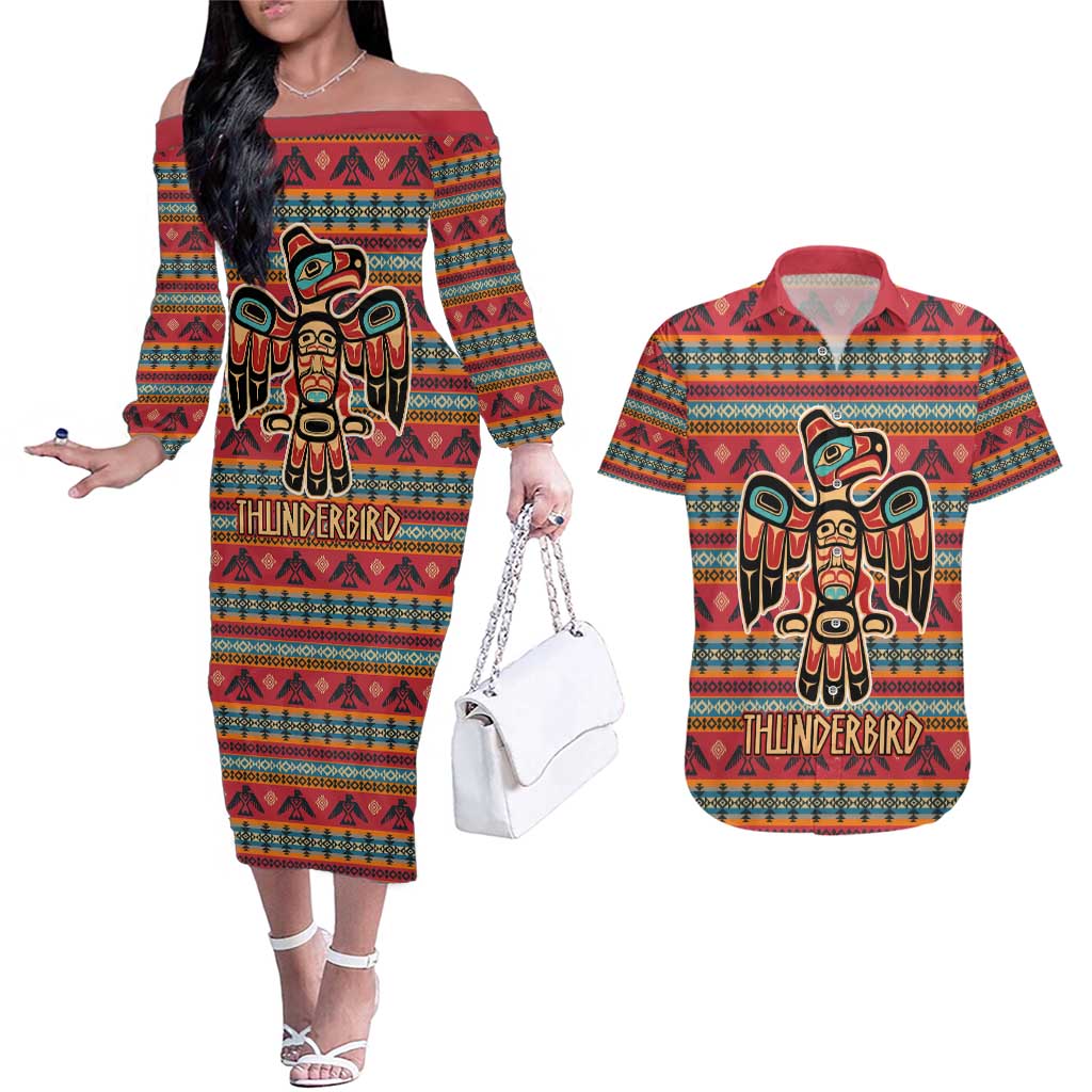 Thunderbird Totem Couples Matching Off The Shoulder Long Sleeve Dress and Hawaiian Shirt Native American Geometric Tribal - Pacific Northwest Indigenous Art - Wonder Print Shop