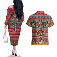 Thunderbird Totem Couples Matching Off The Shoulder Long Sleeve Dress and Hawaiian Shirt Native American Geometric Tribal - Pacific Northwest Indigenous Art - Wonder Print Shop