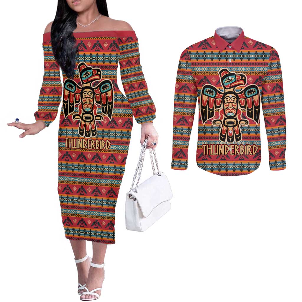 Thunderbird Totem Couples Matching Off The Shoulder Long Sleeve Dress and Long Sleeve Button Shirt Native American Geometric Tribal - Pacific Northwest Indigenous Art - Wonder Print Shop
