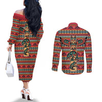 Thunderbird Totem Couples Matching Off The Shoulder Long Sleeve Dress and Long Sleeve Button Shirt Native American Geometric Tribal - Pacific Northwest Indigenous Art - Wonder Print Shop