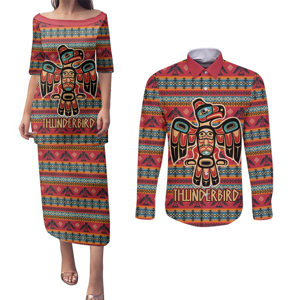 Thunderbird Totem Couples Matching Puletasi and Long Sleeve Button Shirt Native American Geometric Tribal - Pacific Northwest Indigenous Art - Wonder Print Shop