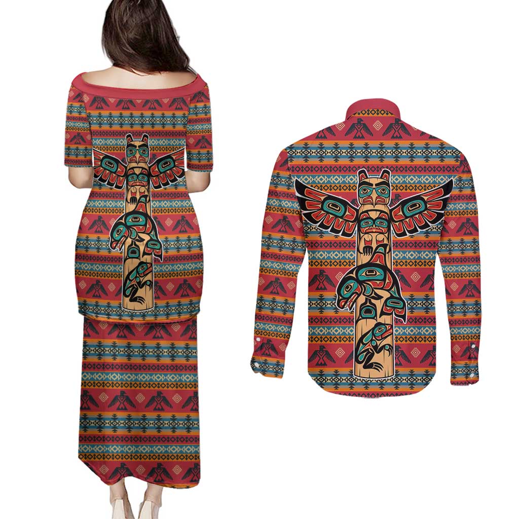 Thunderbird Totem Couples Matching Puletasi and Long Sleeve Button Shirt Native American Geometric Tribal - Pacific Northwest Indigenous Art - Wonder Print Shop