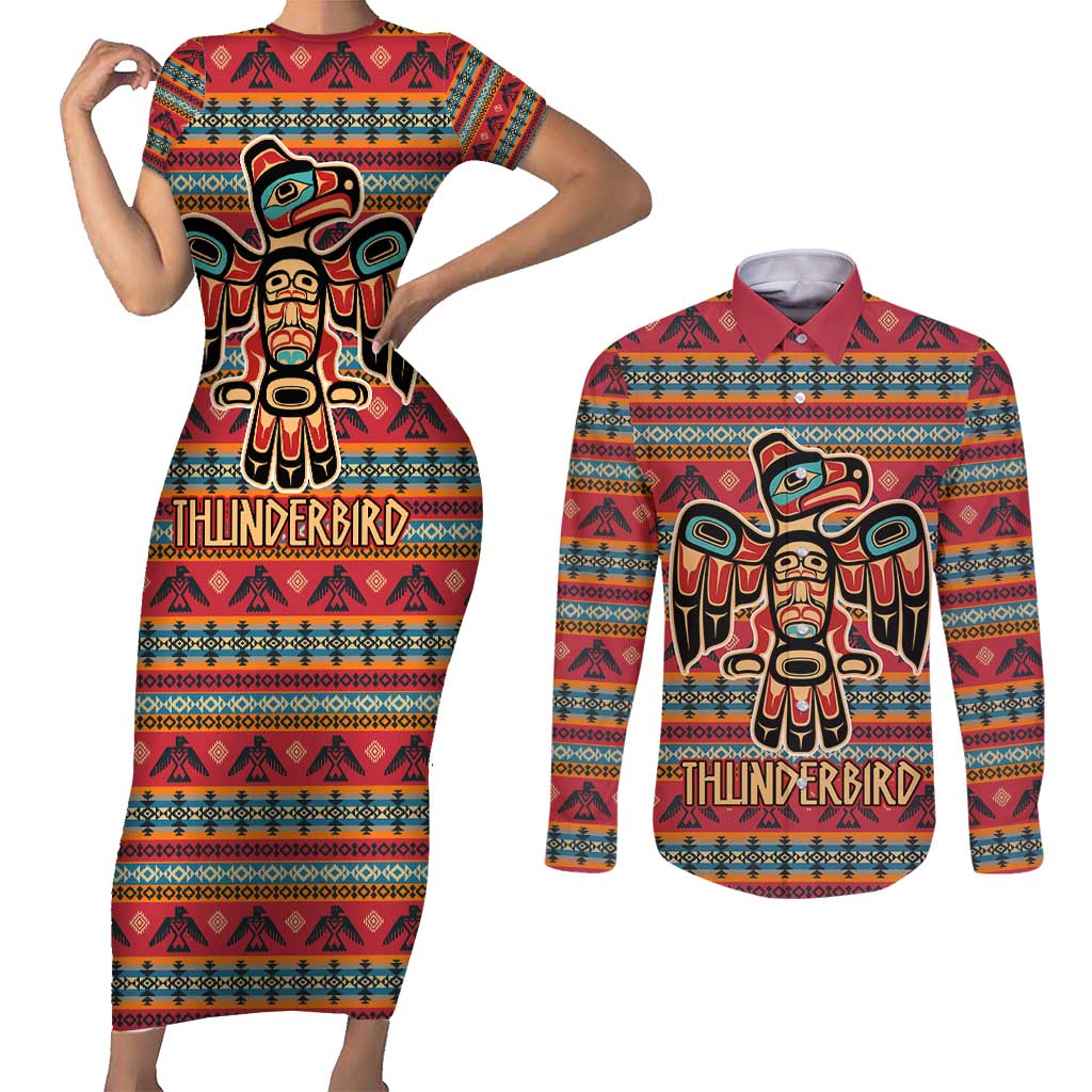 Thunderbird Totem Couples Matching Short Sleeve Bodycon Dress and Long Sleeve Button Shirt Native American Geometric Tribal - Pacific Northwest Indigenous Art - Wonder Print Shop