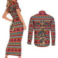 Thunderbird Totem Couples Matching Short Sleeve Bodycon Dress and Long Sleeve Button Shirt Native American Geometric Tribal - Pacific Northwest Indigenous Art - Wonder Print Shop