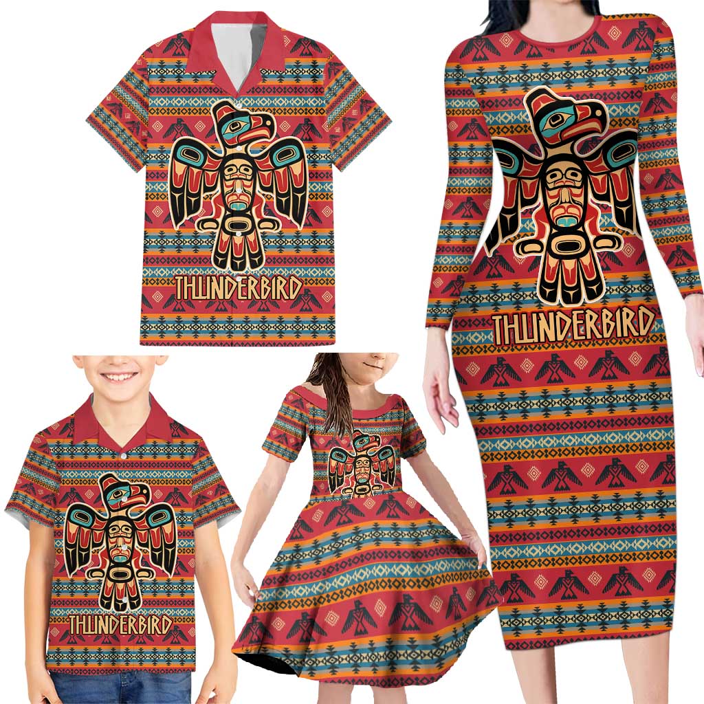 Thunderbird Totem Family Matching Long Sleeve Bodycon Dress and Hawaiian Shirt Native American Geometric Tribal - Pacific Northwest Indigenous Art - Wonder Print Shop