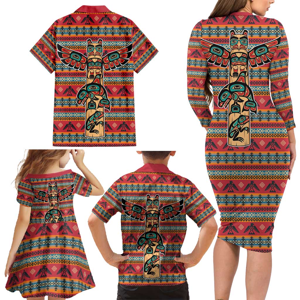 Thunderbird Totem Family Matching Long Sleeve Bodycon Dress and Hawaiian Shirt Native American Geometric Tribal - Pacific Northwest Indigenous Art - Wonder Print Shop