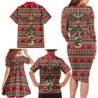 Thunderbird Totem Family Matching Long Sleeve Bodycon Dress and Hawaiian Shirt Native American Geometric Tribal - Pacific Northwest Indigenous Art - Wonder Print Shop