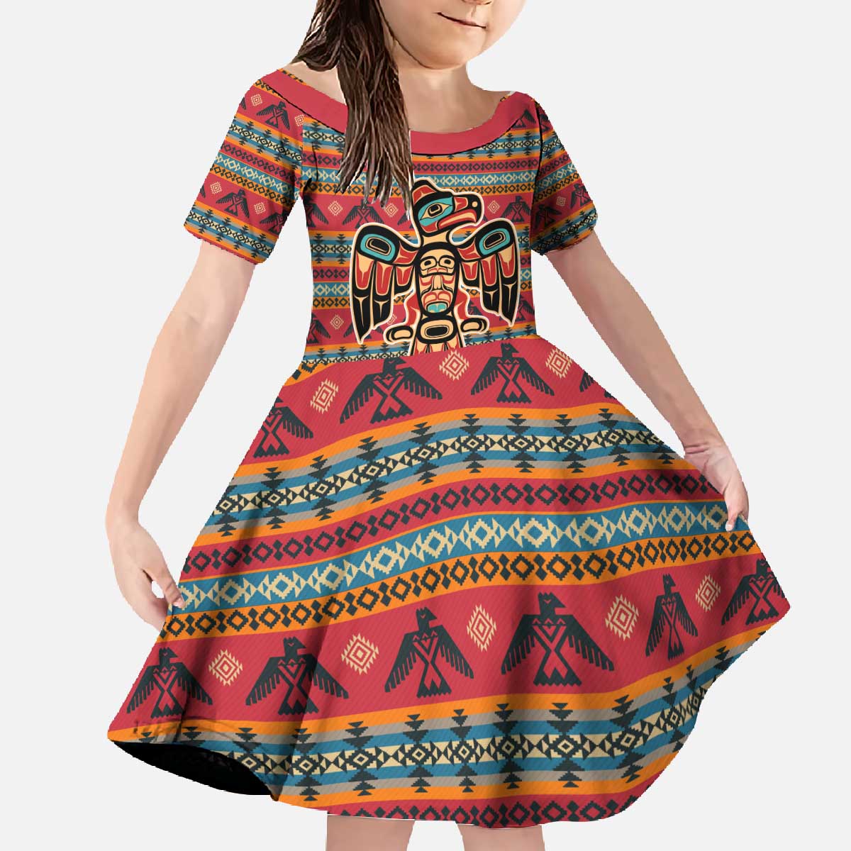 Thunderbird Totem Family Matching Off The Shoulder Long Sleeve Dress and Hawaiian Shirt Native American Geometric Tribal - Pacific Northwest Indigenous Art - Wonder Print Shop