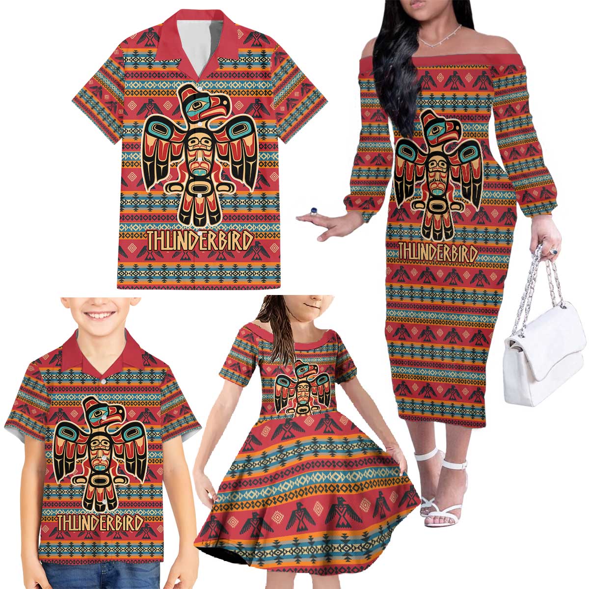 Thunderbird Totem Family Matching Off The Shoulder Long Sleeve Dress and Hawaiian Shirt Native American Geometric Tribal - Pacific Northwest Indigenous Art - Wonder Print Shop