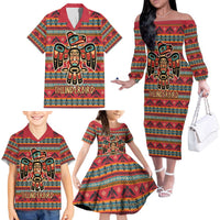 Thunderbird Totem Family Matching Off The Shoulder Long Sleeve Dress and Hawaiian Shirt Native American Geometric Tribal - Pacific Northwest Indigenous Art - Wonder Print Shop