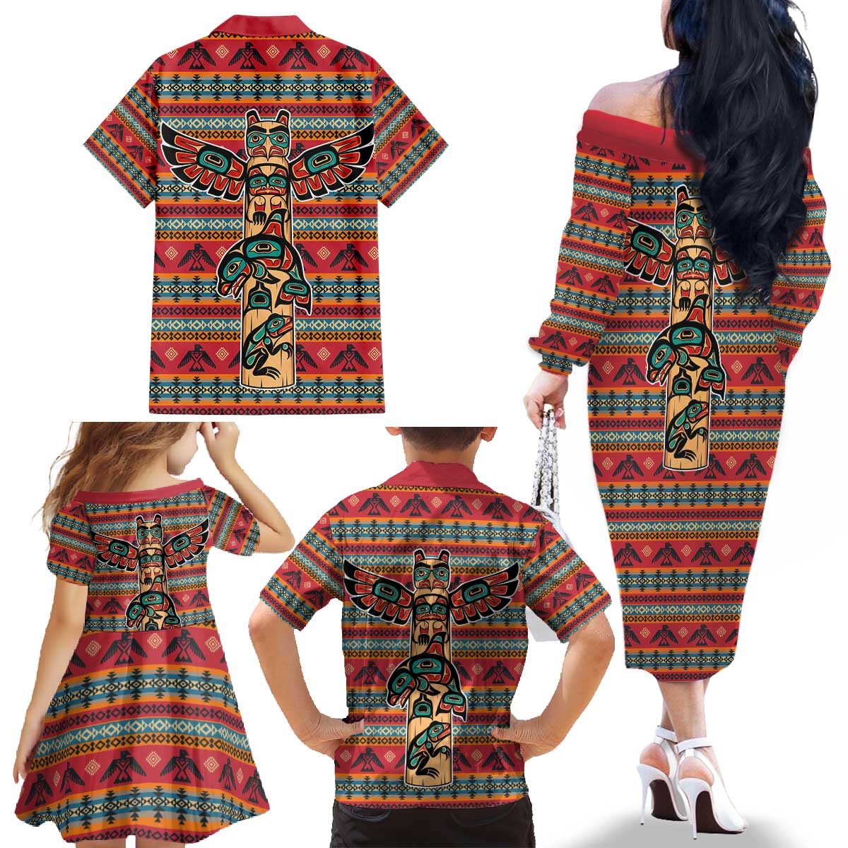 Thunderbird Totem Family Matching Off The Shoulder Long Sleeve Dress and Hawaiian Shirt Native American Geometric Tribal - Pacific Northwest Indigenous Art - Wonder Print Shop