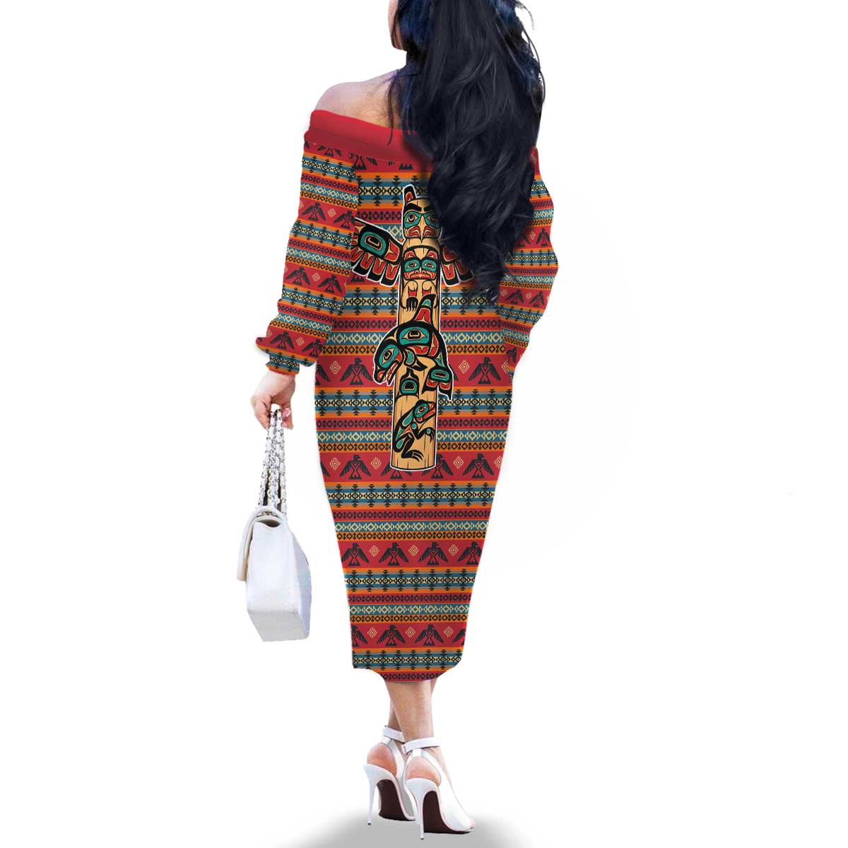Thunderbird Totem Family Matching Off The Shoulder Long Sleeve Dress and Hawaiian Shirt Native American Geometric Tribal - Pacific Northwest Indigenous Art - Wonder Print Shop