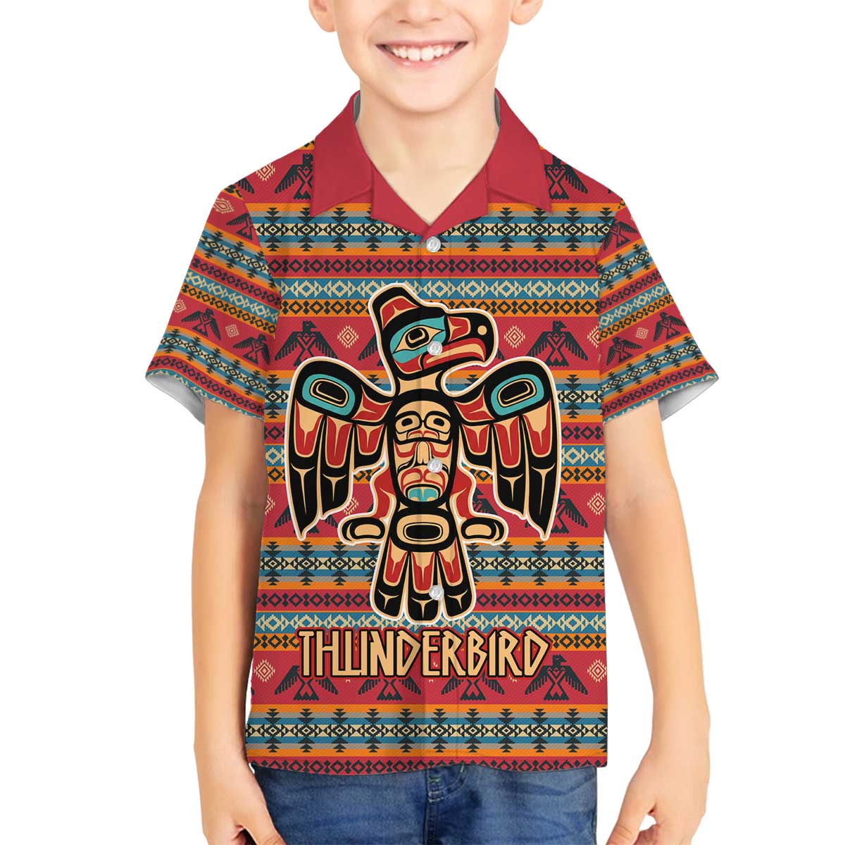 Thunderbird Totem Family Matching Off The Shoulder Long Sleeve Dress and Hawaiian Shirt Native American Geometric Tribal - Pacific Northwest Indigenous Art - Wonder Print Shop