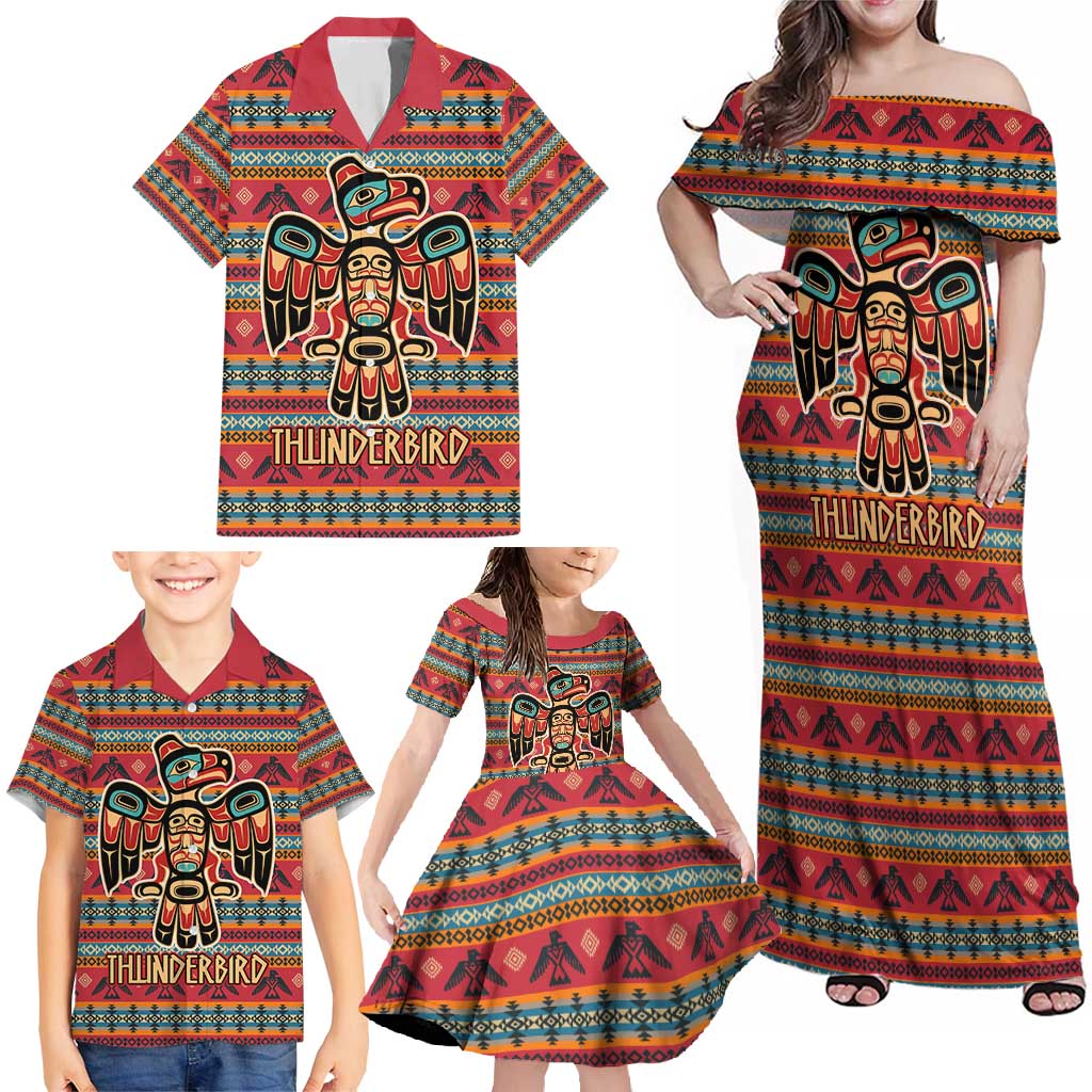 Thunderbird Totem Family Matching Off Shoulder Maxi Dress and Hawaiian Shirt Native American Geometric Tribal - Pacific Northwest Indigenous Art - Wonder Print Shop