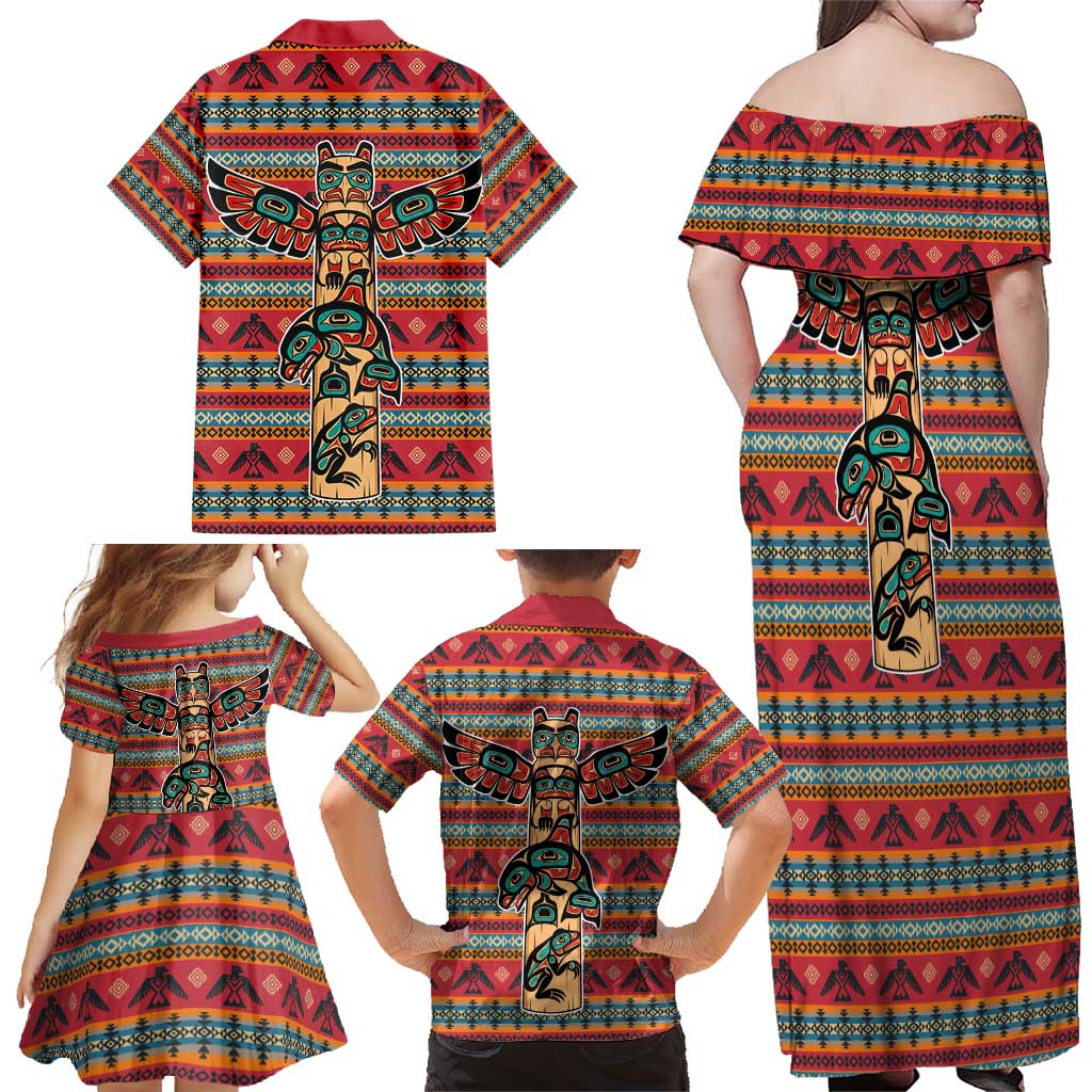Thunderbird Totem Family Matching Off Shoulder Maxi Dress and Hawaiian Shirt Native American Geometric Tribal - Pacific Northwest Indigenous Art - Wonder Print Shop