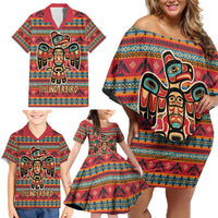 Thunderbird Totem Family Matching Off Shoulder Short Dress and Hawaiian Shirt Native American Geometric Tribal - Pacific Northwest Indigenous Art - Wonder Print Shop