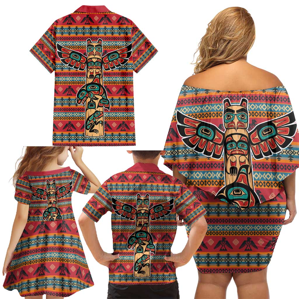 Thunderbird Totem Family Matching Off Shoulder Short Dress and Hawaiian Shirt Native American Geometric Tribal - Pacific Northwest Indigenous Art - Wonder Print Shop