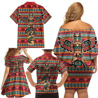 Thunderbird Totem Family Matching Off Shoulder Short Dress and Hawaiian Shirt Native American Geometric Tribal - Pacific Northwest Indigenous Art - Wonder Print Shop