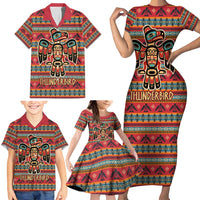 Thunderbird Totem Family Matching Short Sleeve Bodycon Dress and Hawaiian Shirt Native American Geometric Tribal - Pacific Northwest Indigenous Art - Wonder Print Shop