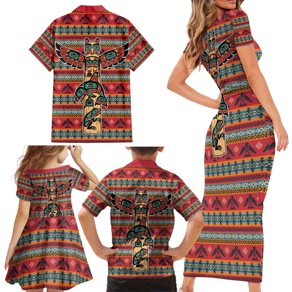 Thunderbird Totem Family Matching Short Sleeve Bodycon Dress and Hawaiian Shirt Native American Geometric Tribal - Pacific Northwest Indigenous Art - Wonder Print Shop