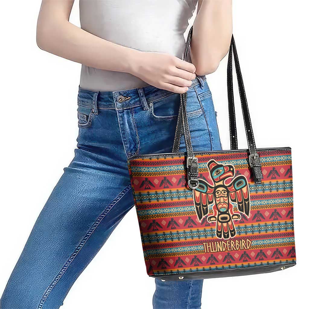 Thunderbird Totem Leather Tote Bag Native American Geometric Tribal - Pacific Northwest Indigenous Art - Wonder Print Shop