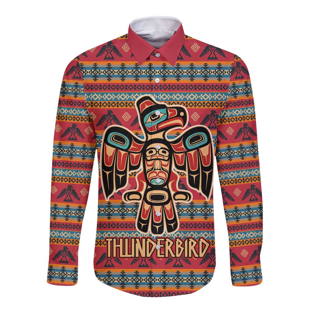 Thunderbird Totem Long Sleeve Button Shirt Native American Geometric Tribal - Pacific Northwest Indigenous Art - Wonder Print Shop