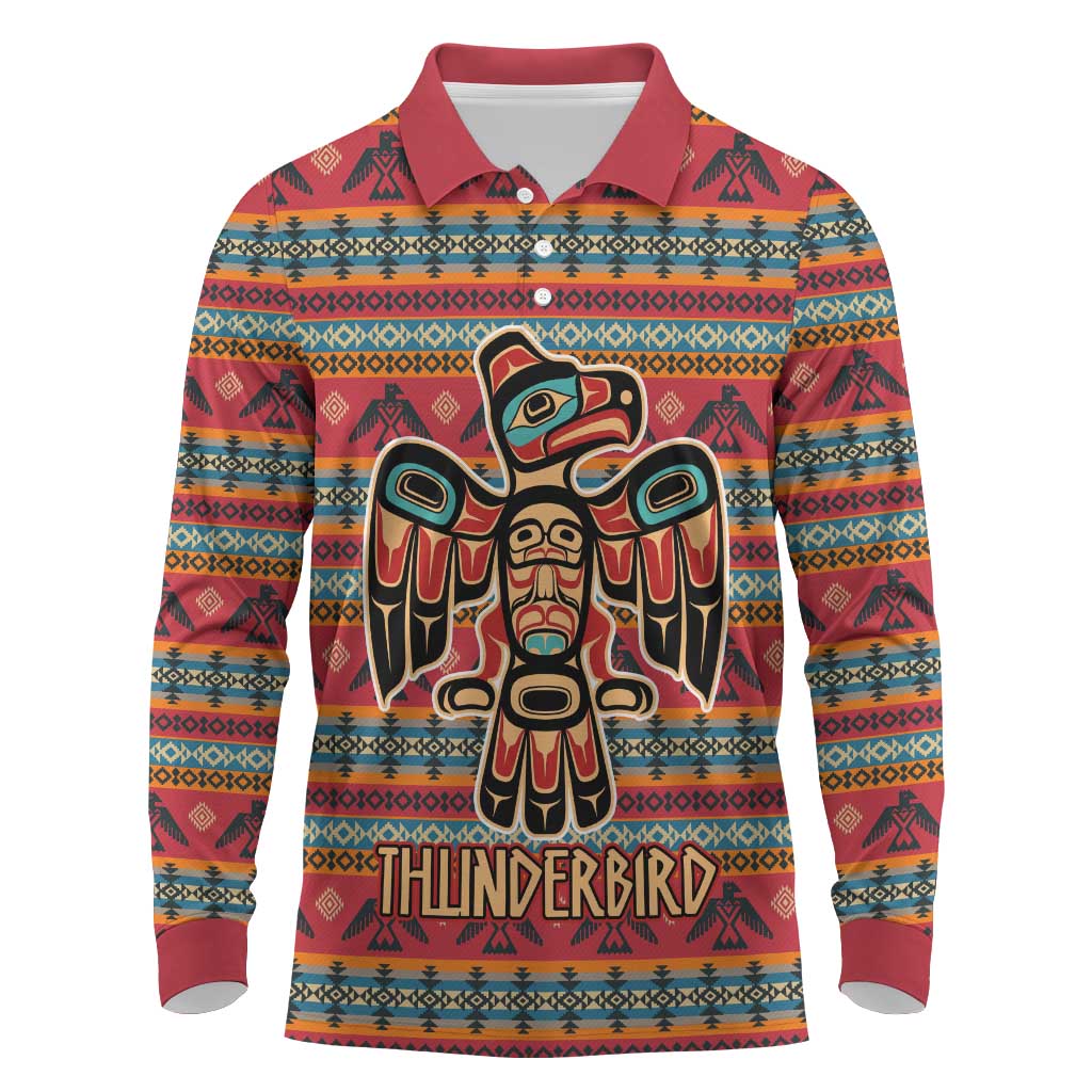 Thunderbird Totem Long Sleeve Polo Shirt Native American Geometric Tribal - Pacific Northwest Indigenous Art - Wonder Print Shop