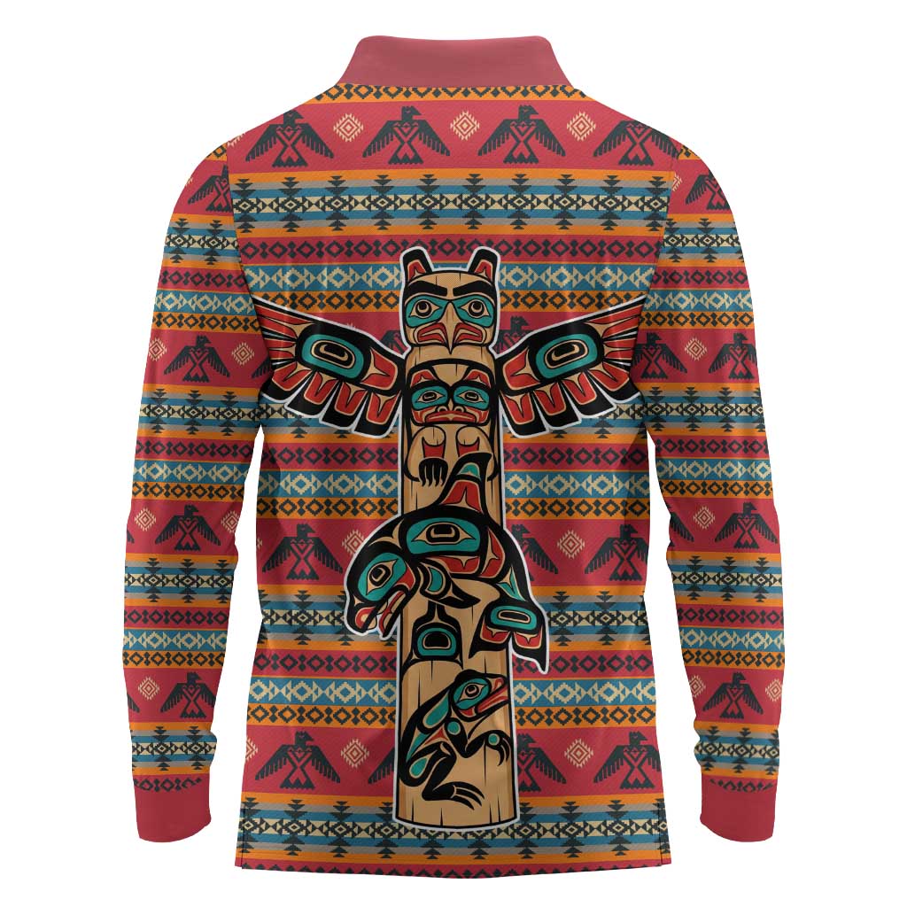 Thunderbird Totem Long Sleeve Polo Shirt Native American Geometric Tribal - Pacific Northwest Indigenous Art - Wonder Print Shop