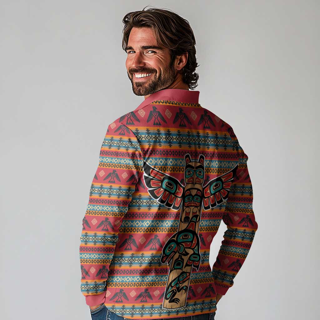 Thunderbird Totem Long Sleeve Polo Shirt Native American Geometric Tribal - Pacific Northwest Indigenous Art - Wonder Print Shop