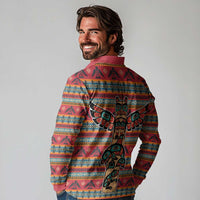 Thunderbird Totem Long Sleeve Polo Shirt Native American Geometric Tribal - Pacific Northwest Indigenous Art - Wonder Print Shop