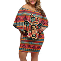 Thunderbird Totem Off Shoulder Short Dress Native American Geometric Tribal - Pacific Northwest Indigenous Art - Wonder Print Shop