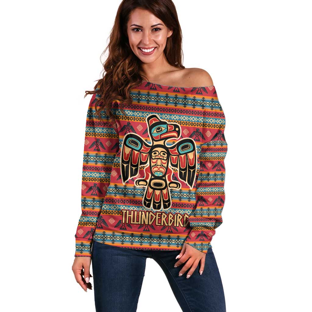 Thunderbird Totem Off Shoulder Sweater Native American Geometric Tribal - Pacific Northwest Indigenous Art - Wonder Print Shop