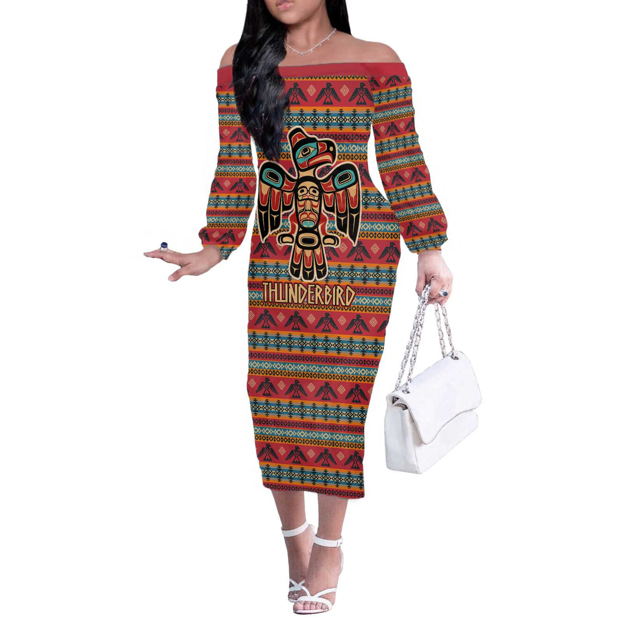Thunderbird Totem Off The Shoulder Long Sleeve Dress Native American Geometric Tribal - Pacific Northwest Indigenous Art - Wonder Print Shop
