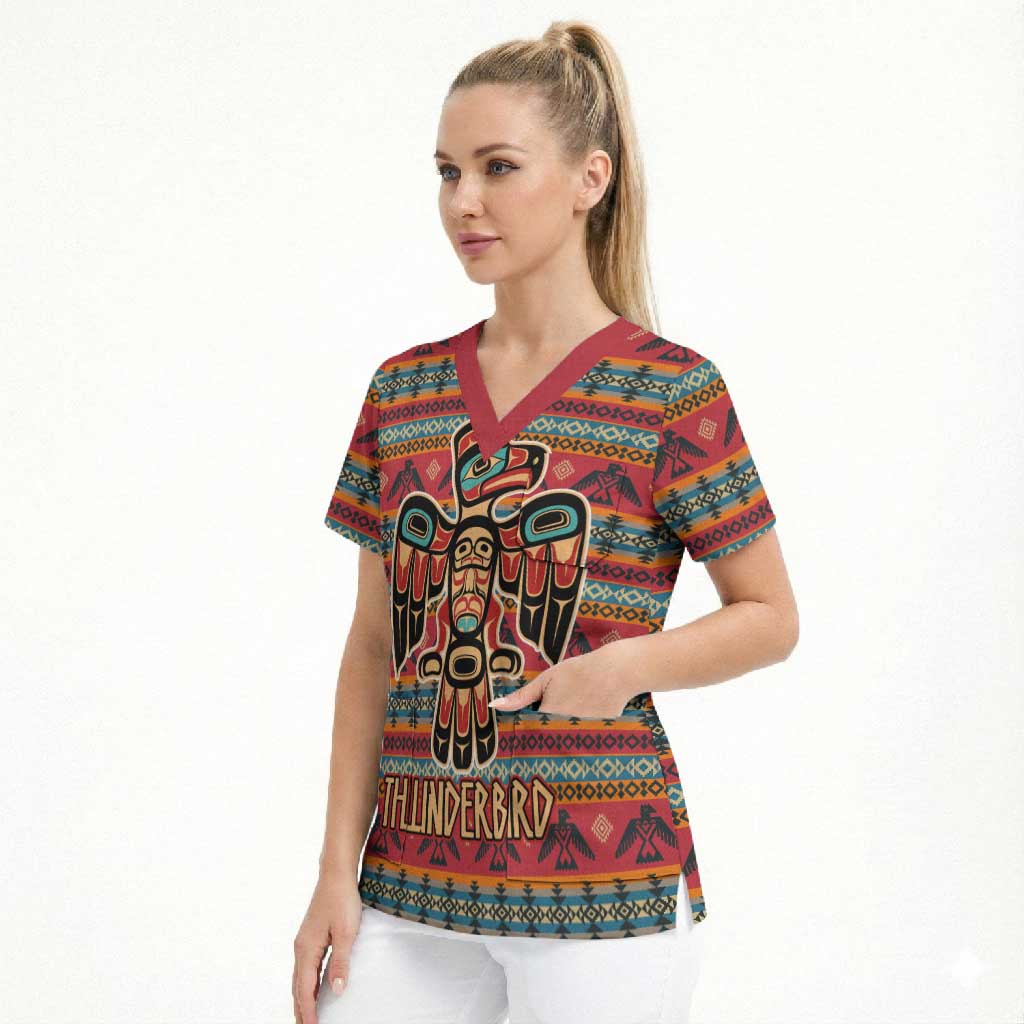 Thunderbird Totem Scrub Top Native American Geometric Tribal - Pacific Northwest Indigenous Art - Wonder Print Shop