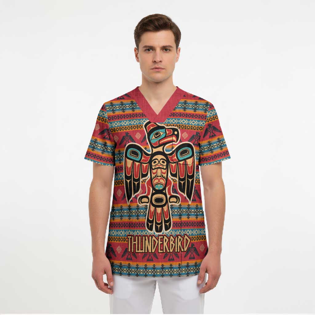 Thunderbird Totem Scrub Top Native American Geometric Tribal - Pacific Northwest Indigenous Art - Wonder Print Shop