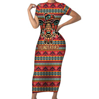 Thunderbird Totem Short Sleeve Bodycon Dress Native American Geometric Tribal - Pacific Northwest Indigenous Art - Wonder Print Shop