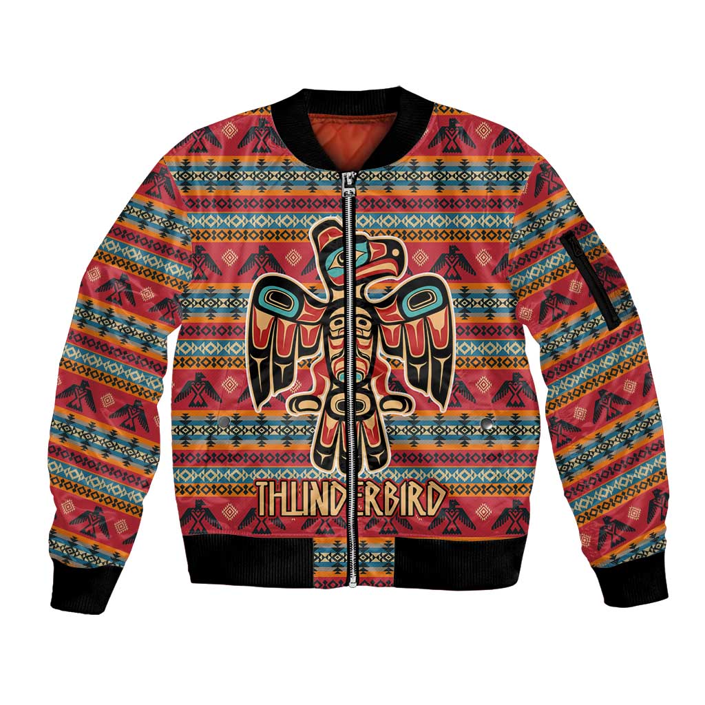 Thunderbird Totem Sleeve Zip Bomber Jacket Native American Geometric Tribal - Pacific Northwest Indigenous Art - Wonder Print Shop