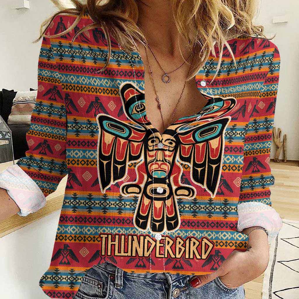 Thunderbird Totem Women Casual Shirt Native American Geometric Tribal - Pacific Northwest Indigenous Art - Wonder Print Shop