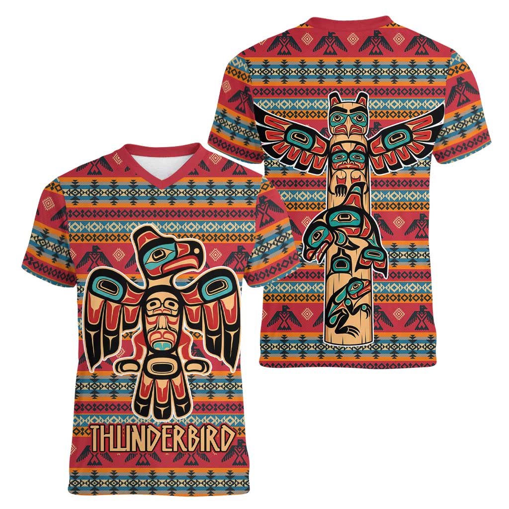 Thunderbird Totem Women V-Neck T-Shirt Native American Geometric Tribal - Pacific Northwest Indigenous Art - Wonder Print Shop