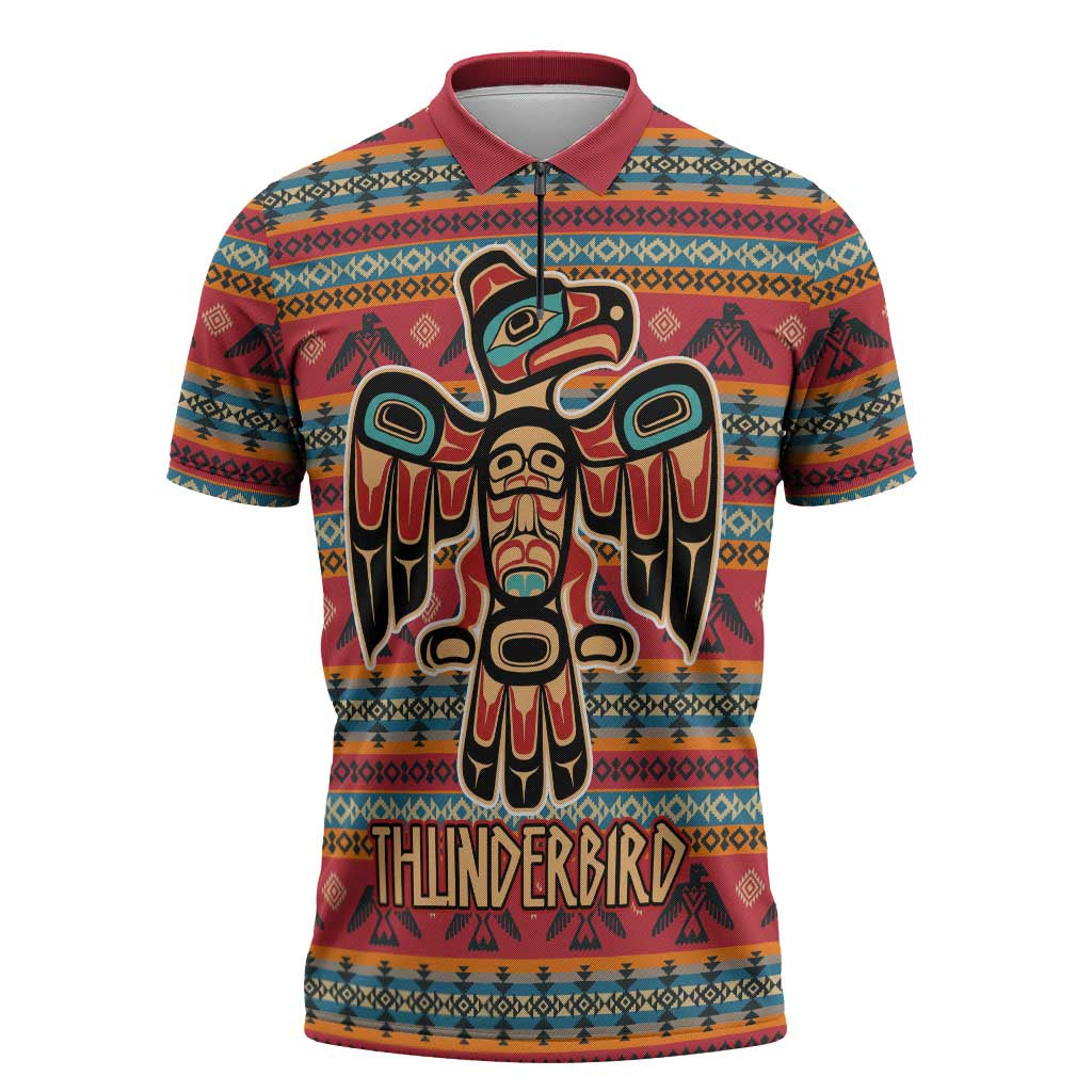 Thunderbird Totem Zipper Polo Shirt Native American Geometric Tribal - Pacific Northwest Indigenous Art - Wonder Print Shop