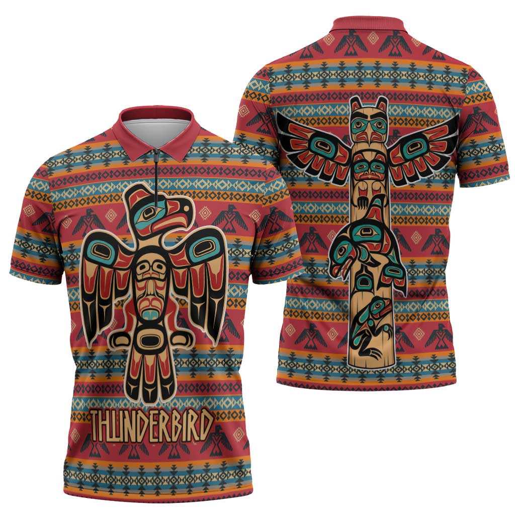 Thunderbird Totem Zipper Polo Shirt Native American Geometric Tribal - Pacific Northwest Indigenous Art - Wonder Print Shop
