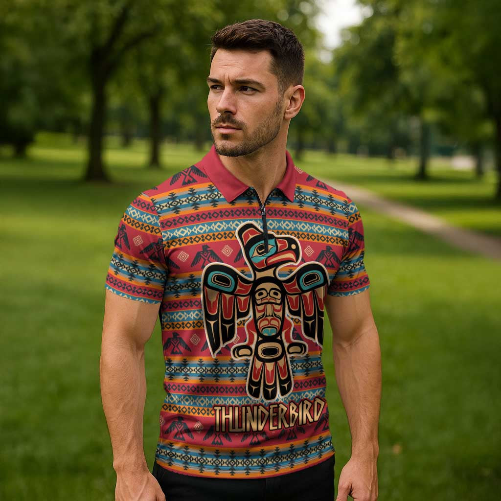 Thunderbird Totem Zipper Polo Shirt Native American Geometric Tribal - Pacific Northwest Indigenous Art - Wonder Print Shop